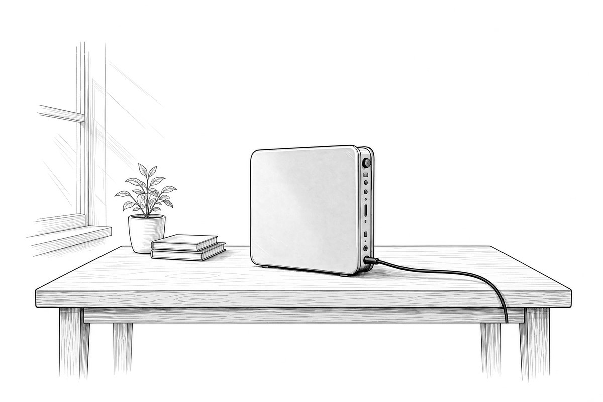 Line drawing of a small computer on a table by a window.