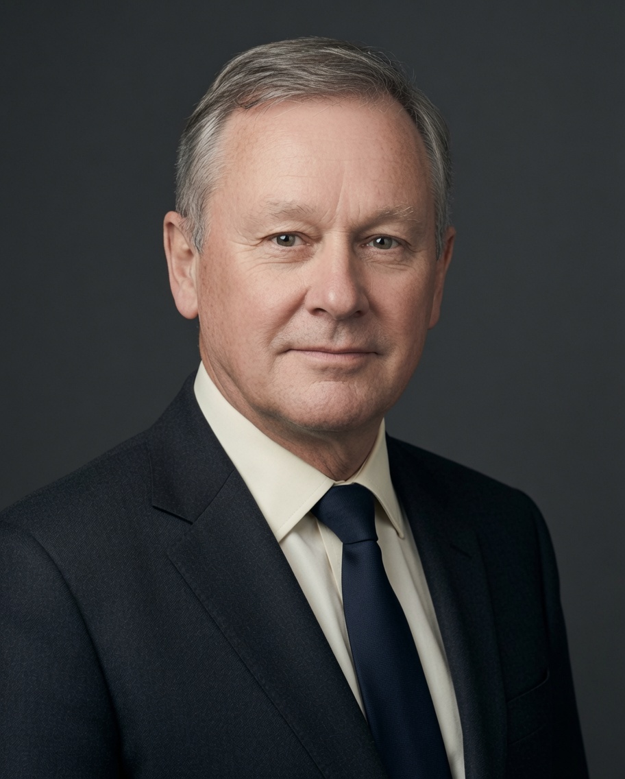 Portrait photo of Philip Hesketh: a dark suit, a pale shirt and a dark tie, a dark grey background.